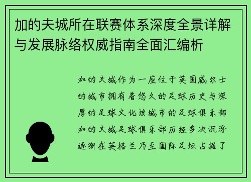 加的夫城所在联赛体系深度全景详解与发展脉络权威指南全面汇编析 加的夫城所在联赛体系深度全景详解与发展脉络权威指南全面汇编析