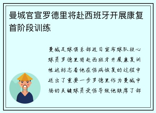 曼城官宣罗德里将赴西班牙开展康复首阶段训练