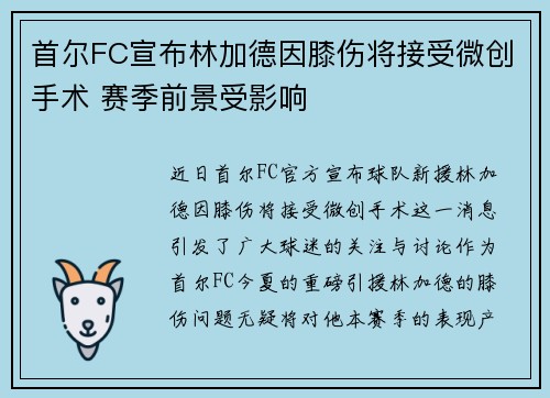 首尔FC宣布林加德因膝伤将接受微创手术 赛季前景受影响